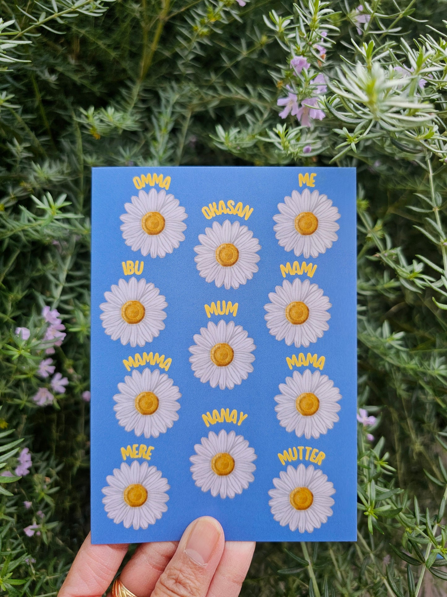 Mothers Day card different languages (Blue)