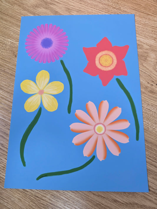 Four flowers blue A4 print