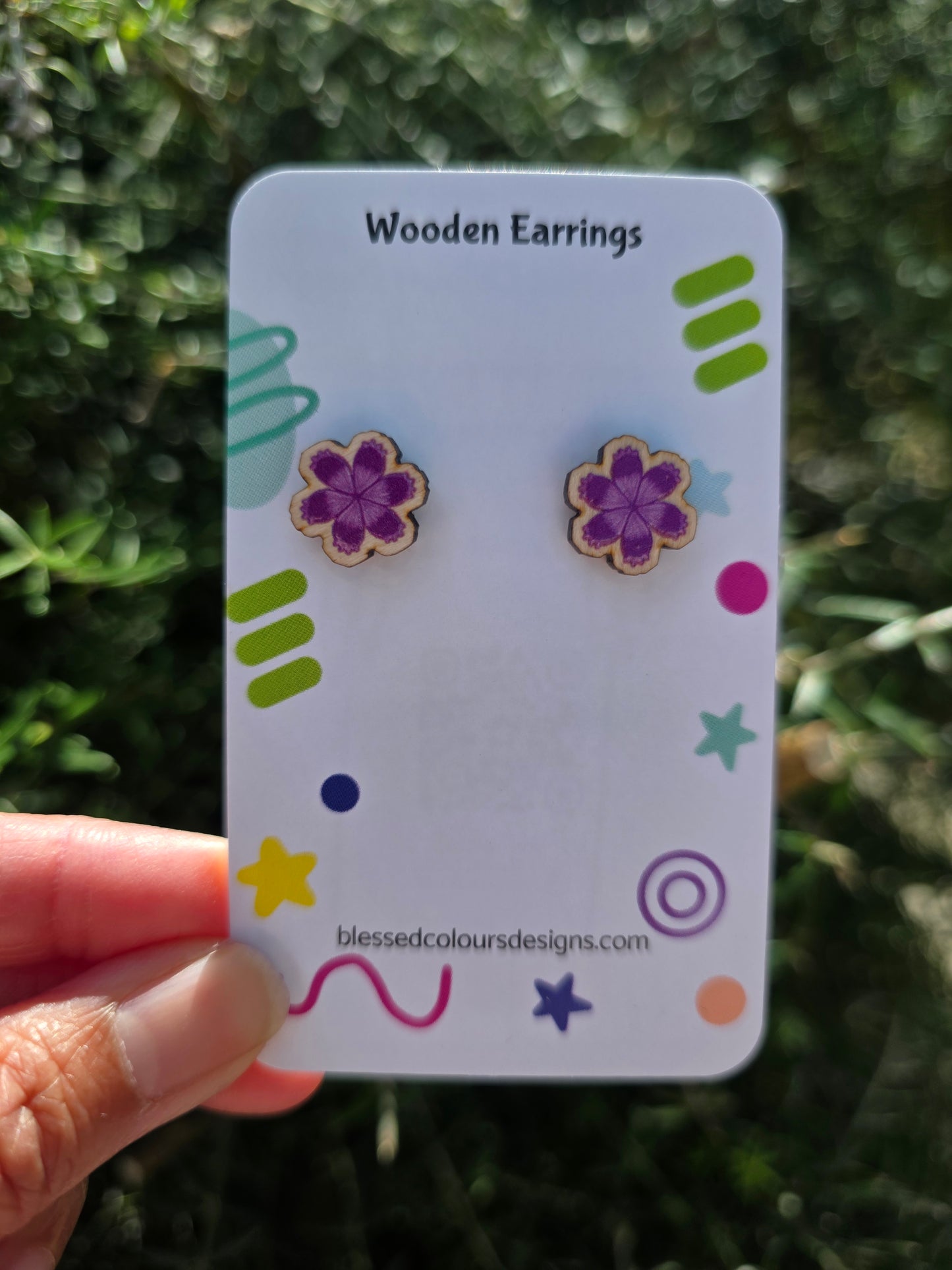 Purple flower wooden earring