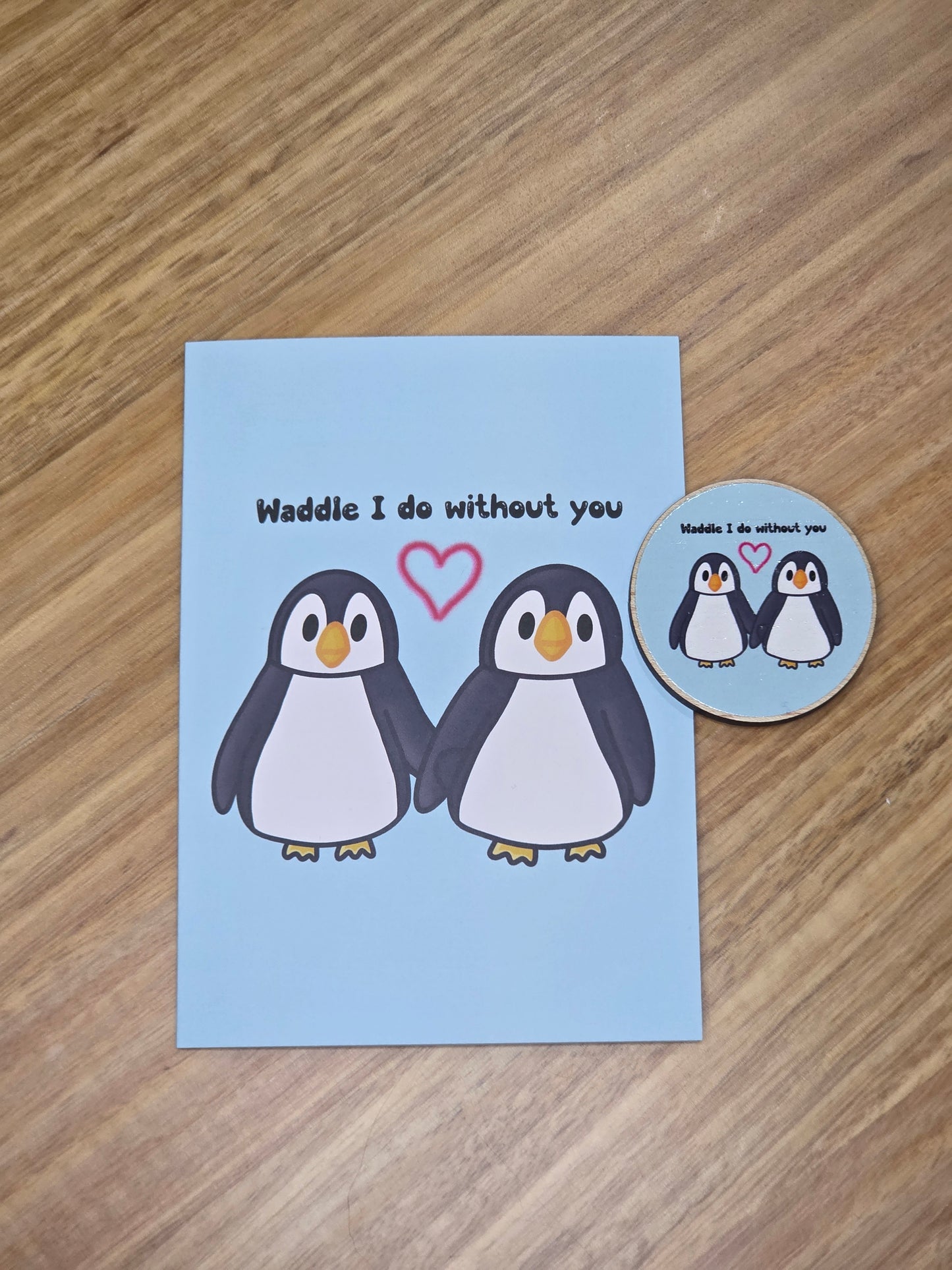 Penguin duo eco-card and wooden magnet set