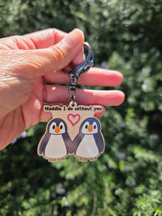 Penguin Duo Wooden Keychain